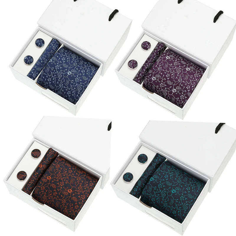 Gift Box Packing Mens Tie Set Necktie Pocket Square Wedding Silk Floral Ties for Men Handkerchief Cufflinks Business Suit Tie