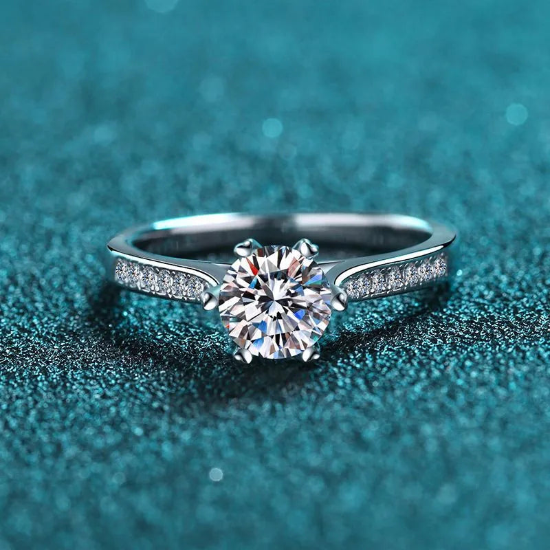 Classic Silver 925 Original Excellent Cut 1 Carat Diamond Test Past D Color Round Moissanite Engagement Ring Gemstone Jewelry