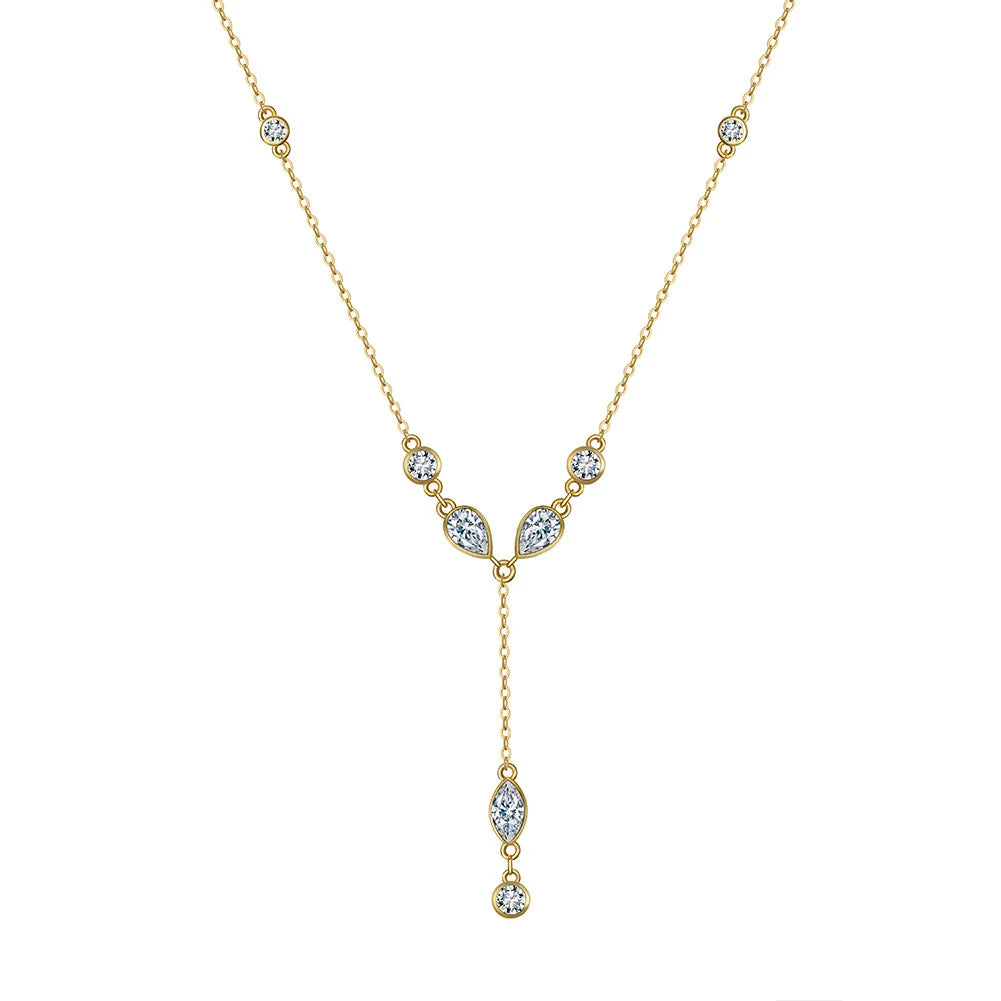 Exquisite Silver Jewelry Gold Plated CZ Y Shaped Lariat Necklace for Women Wedding Party Layered Teardrop Pendant Necklaces