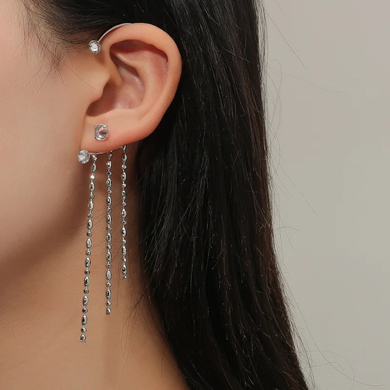 Zircon Crystal Rhinestone Ear Cuff with Tassel Ear Wrap Clip Girl Trendy Diamond Pearl Jewelry Stud Earrings Set For Women
