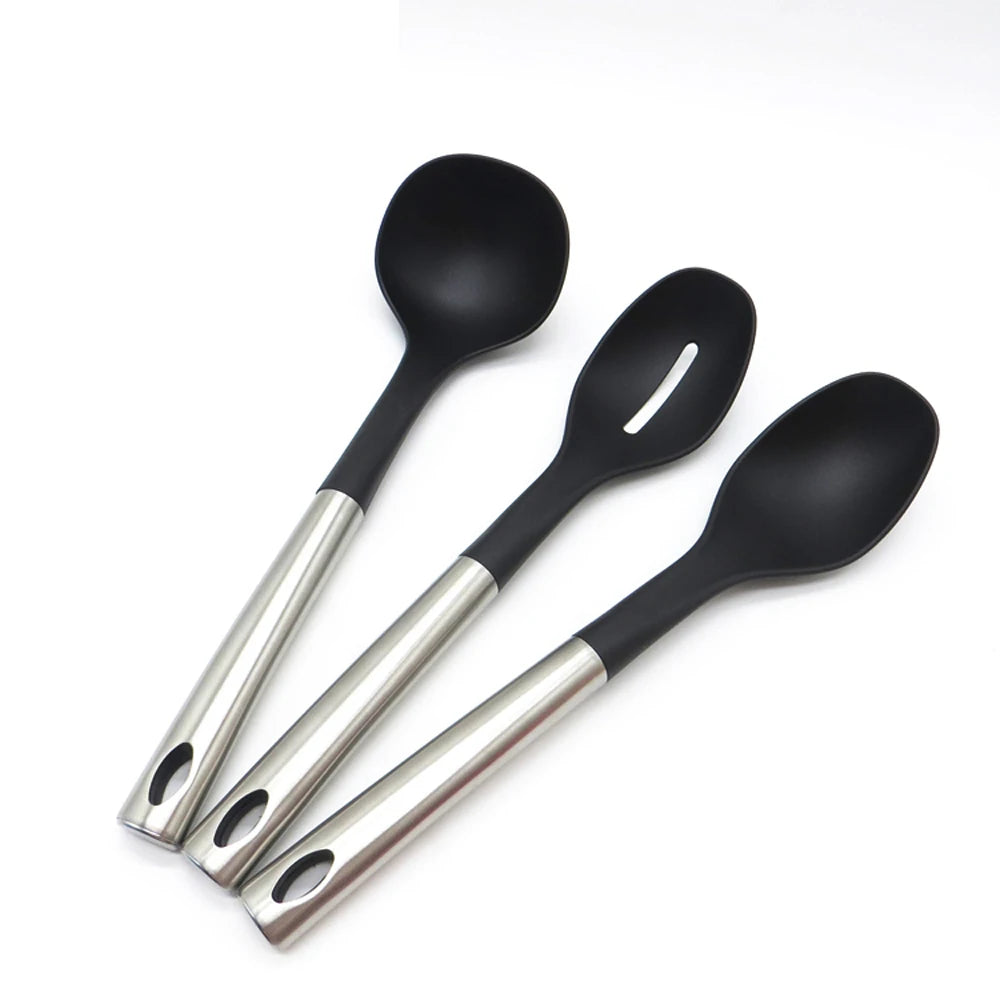 Stainless Steel Handle 3pcs Nylon Kitchen Ladle Cooking Spoons Set