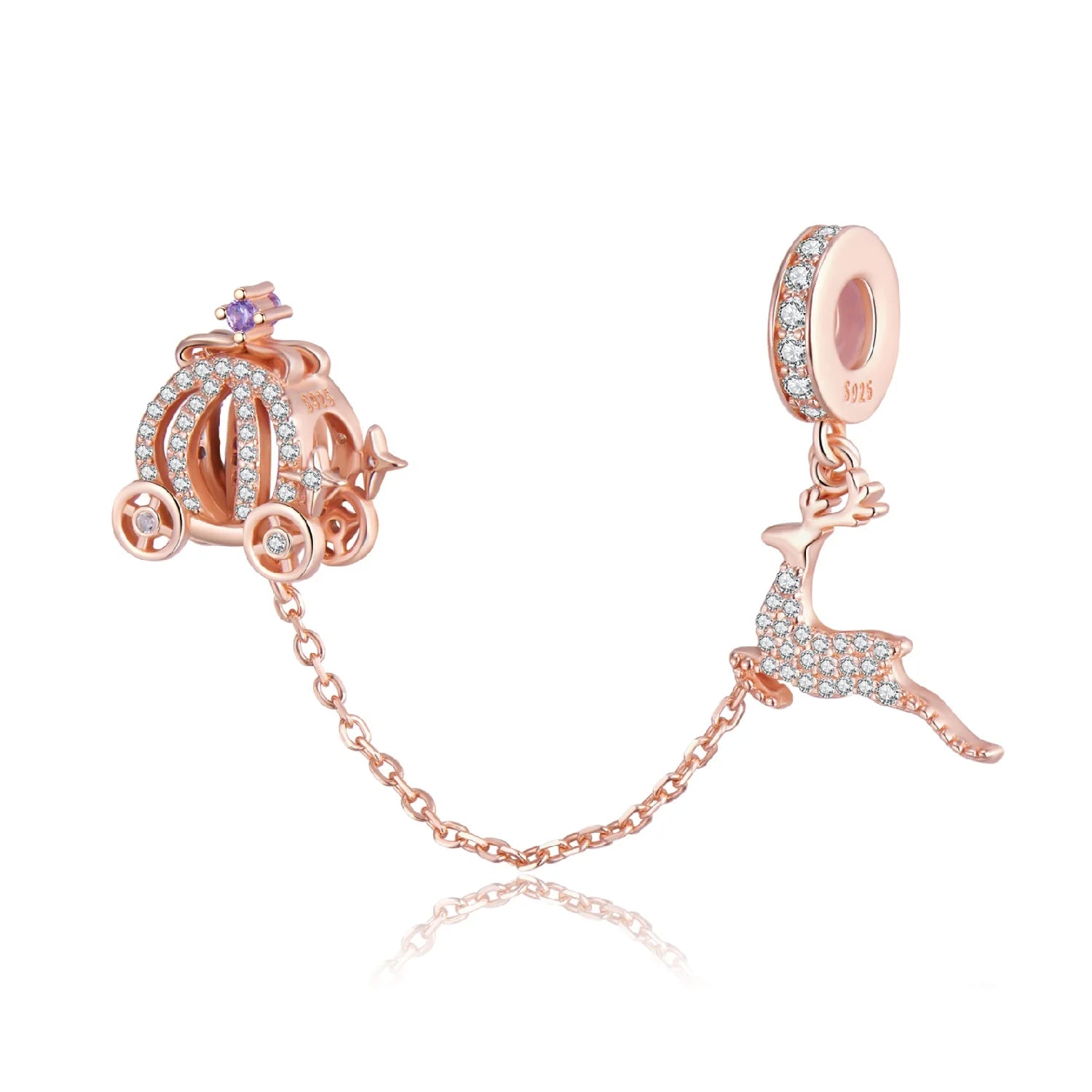Rose Golden Pumpkin Car & Elk Charm Safety Chain Beads 925 Sterling Silver Clear CZ Fit Women Bracelet Christmas Jewelry Gift