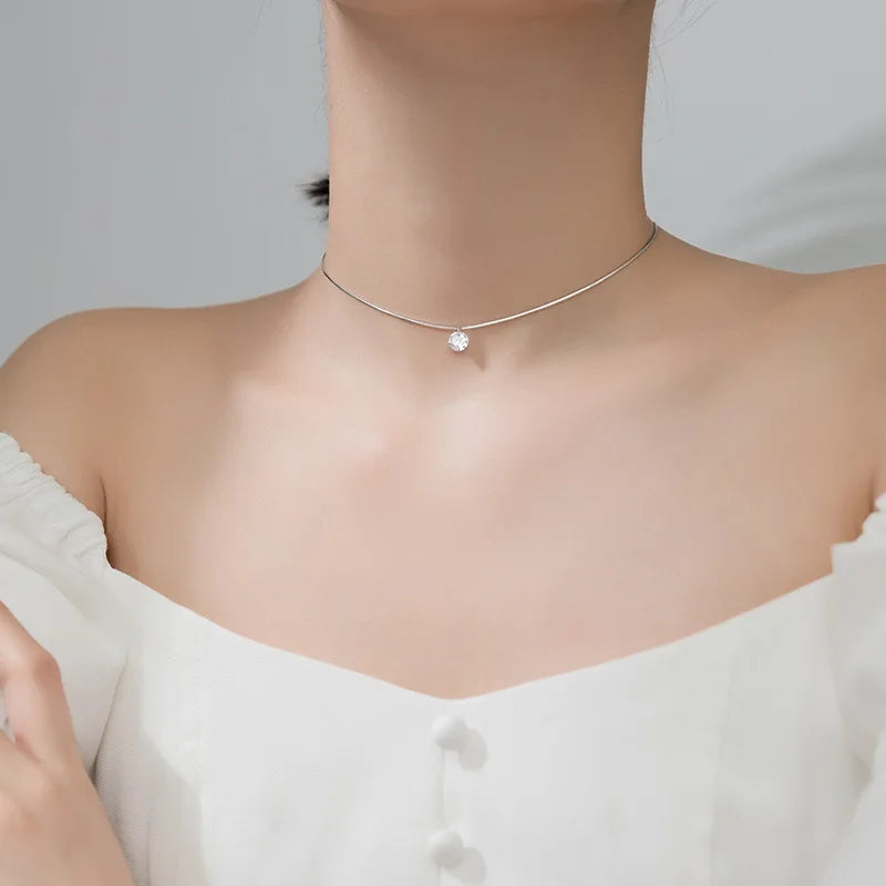 925 Sterling Silver 6mm Cubic Zirconia Stone Pendant Snake Chain Chokers Necklaces for Women Summer Jewelry