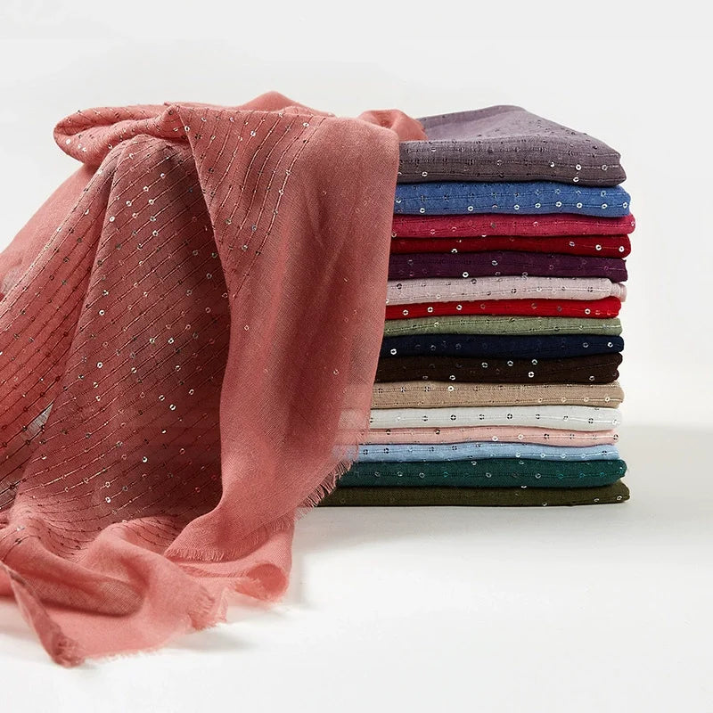 Autumn Winter Warm Head Wraps Popular Sequins Plain Crinkle Cotton Viscose Muslim Hijab Shawl Scarf for Ethnic Shawls
