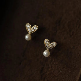 Cute Trendy 14K Gold Plating Pure 925 Sterling Silver Small Heart Pearl Stud Earrings for Women Girls Jewelry