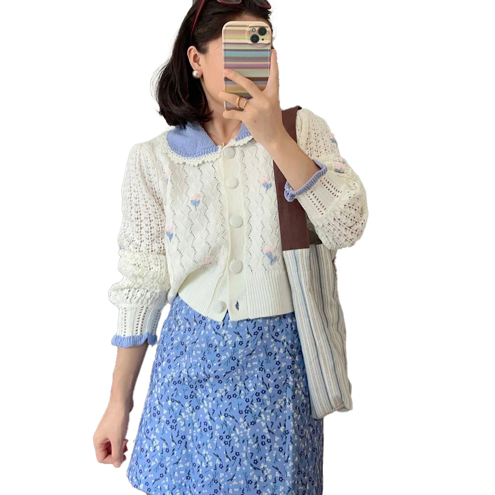 Spring and Autumn Sweet Knit Set Casual Hollow Out Knit Cardigan and Floral Short Skirt Set Knitted Two-Pieces Set for Women