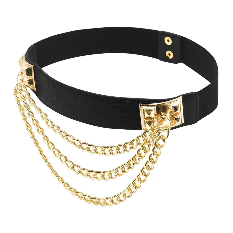Double Buckle Belt Leather Elastic  Punk Waist Belt With Chain for Women Jeans Dresses