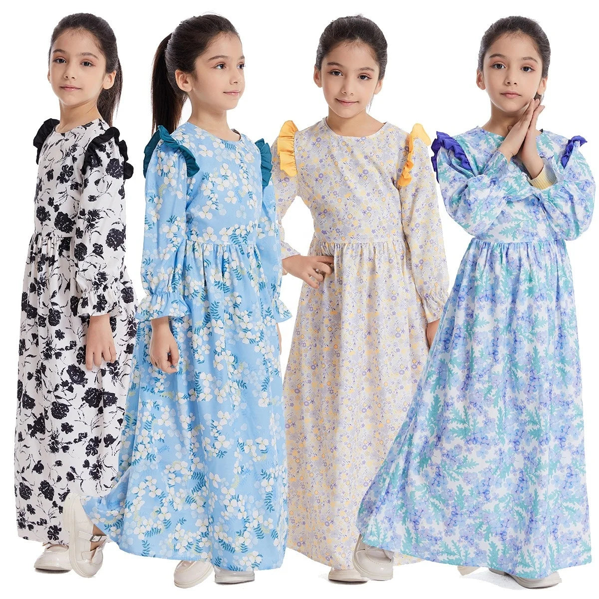 Modest Little Girls Kids Floral Eid Summer Dress Muslim Children Printed Flower Dresses for Lovely Baby C0090