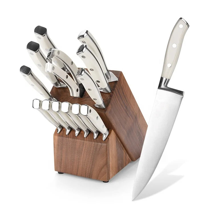 Classic Full Tang Forged White Knives Set 17 Piece Kitchen Knife Set with Block Wooden and Sharpener