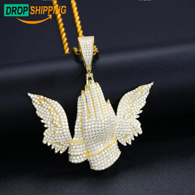Dropshipping Large Stock Hip Hop Jewelry Bling 925 Sterling Silver VVS Moissanite Diamond Iced Out Praying Hand Wing Pendant