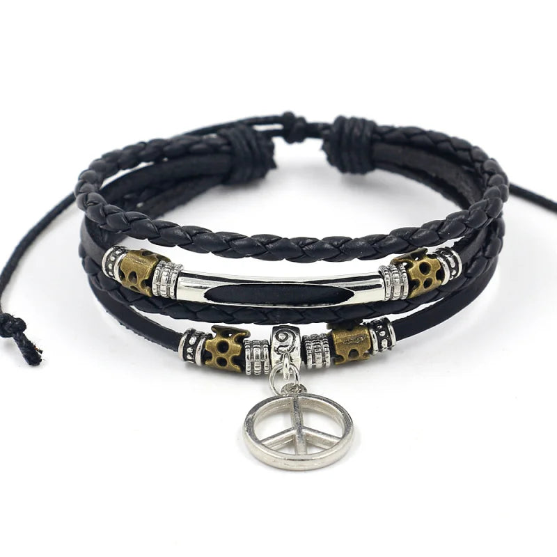 Men Jewelry Multi-layer Leather String Beaded Alloy Peace Sign Pendant Woven Bracelet
