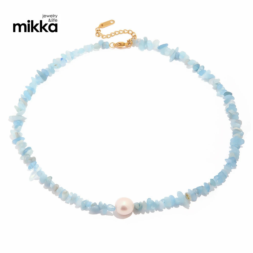 Wholesale New Trendy Bohemian Blue Natural Stone Pearl Beaded Necklace Gold Plated Stainless Steel Jewelry  Choker Necklace