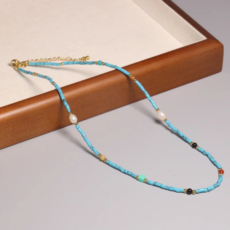 Boho Natural Abacus Blue Turquoise  Beaded Necklace for Women Men Pearl Charm Healing Stone Energy Choker Necklace
