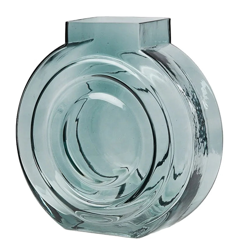 Custom Made Colored Hand-blown Decorative Small Glass Vase With Concentric Circles and Rectangular Base