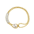 Women's Trendy Waterproof Stainless Steel Bracelet 18K Gold Plated with Double Bead Chain Pearl Buckle Zircon for Bridesmaids