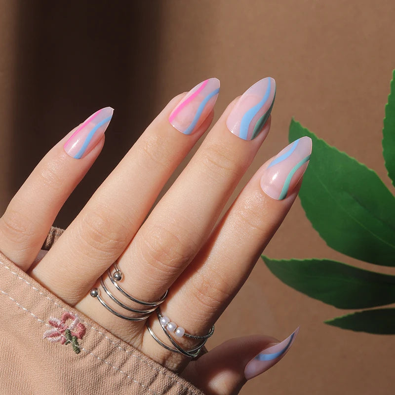 Temooi Wholesale 24Pcs ABS False Nails Press on Almond Three-color Design Finger Nails With Nail Glue
