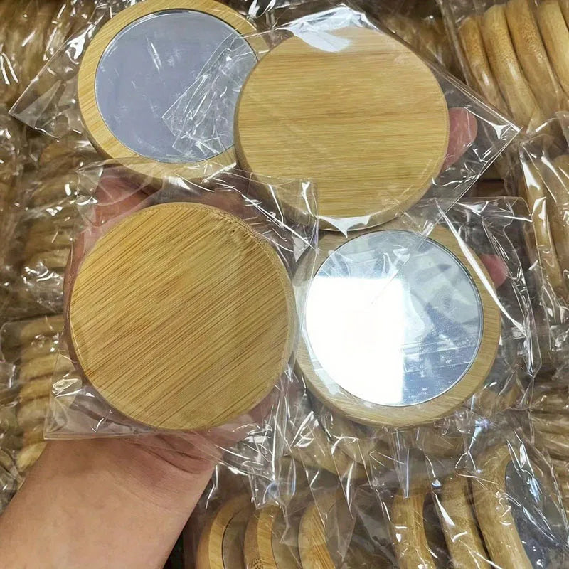 Custom Logo Wedding Gift 6.5CM Small Travel Cosmetic Bamboo Mirrors Round Bamboo Pocket Mirror Promotion Mirror