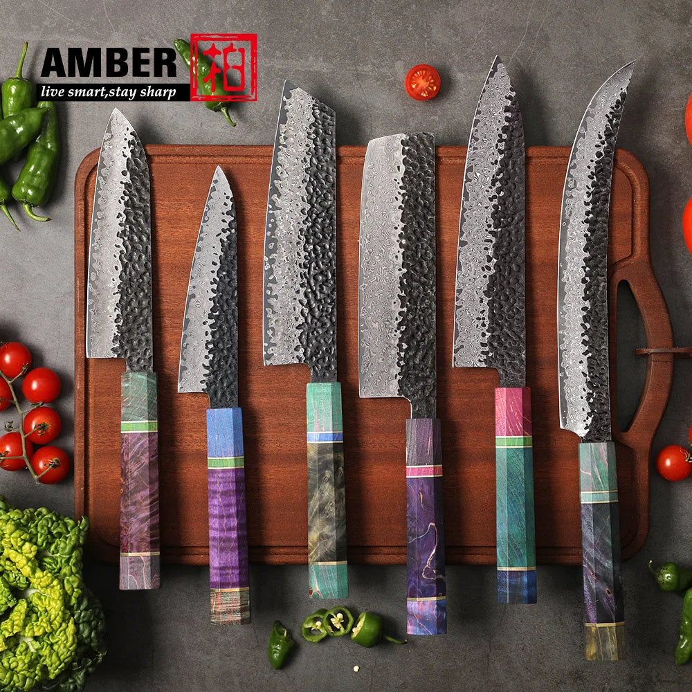 Yangjiang Amber 6 Pcs 67 Layers Damascus Japanese Vg10 Black Forged Kitchen Knife Set with Stabilized Wood Handle