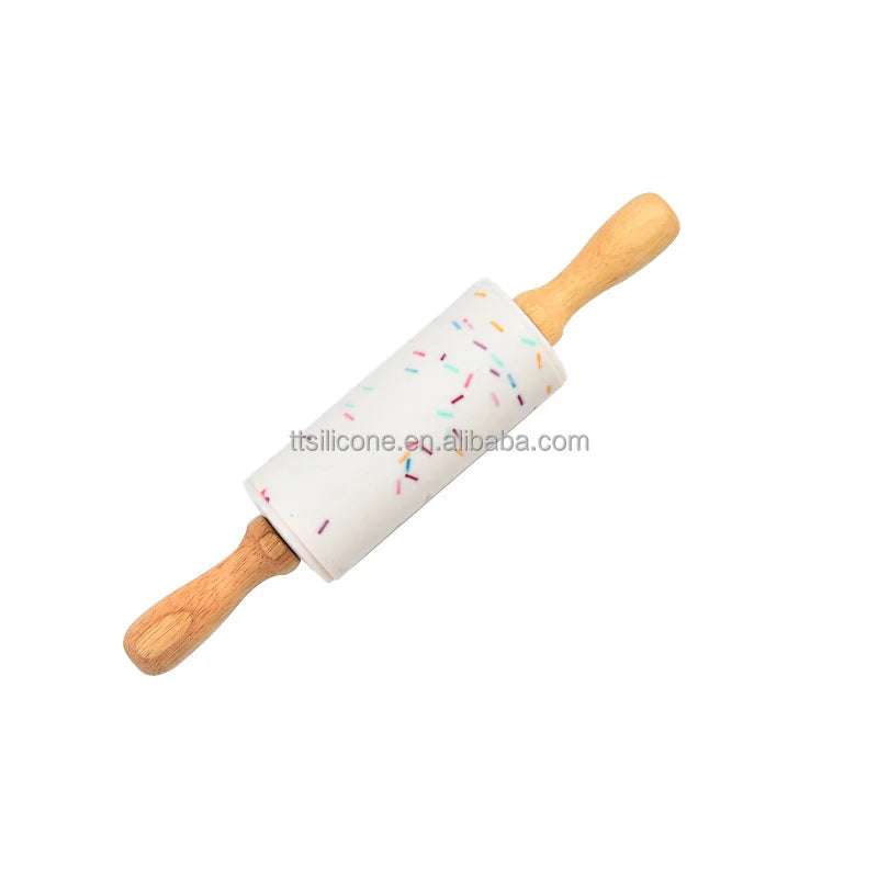 Silicone Color-Dot Wooden Handle Rolling Pin Good Toughness Silicone Wooden Handle Rolling Pin for Kitchen Non-stick