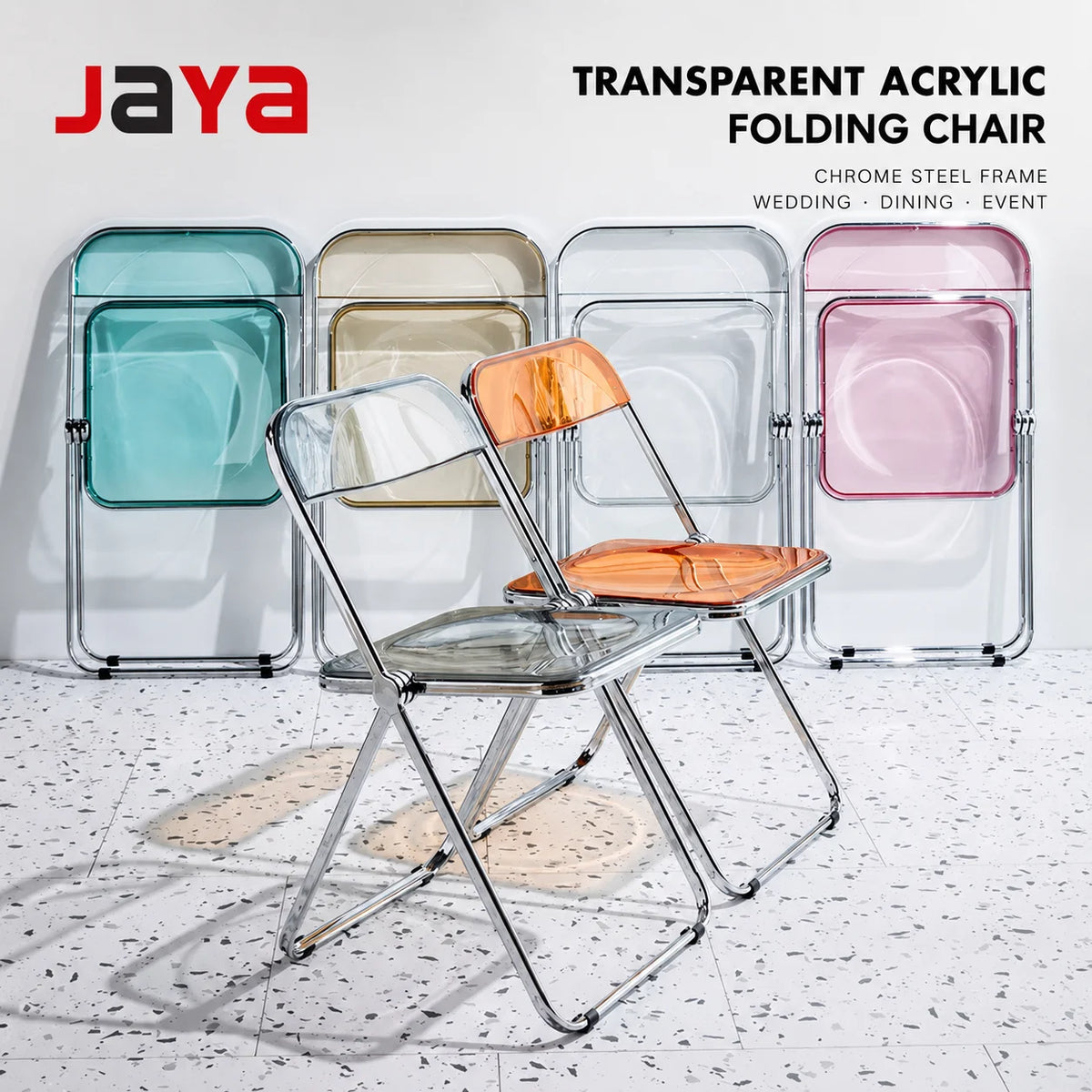 JAYA Transparent Acrylic Folding Chair with Chrome Steel Frame Modern Clear Dining Chair for Wedding Event Home Furniture