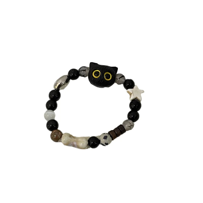 CLBX Vintage Style Metal and Wood Cat Bone Elastic Bracelet Same Style Cat and Cartoon Bracelet Fashion Jewelry for Couples