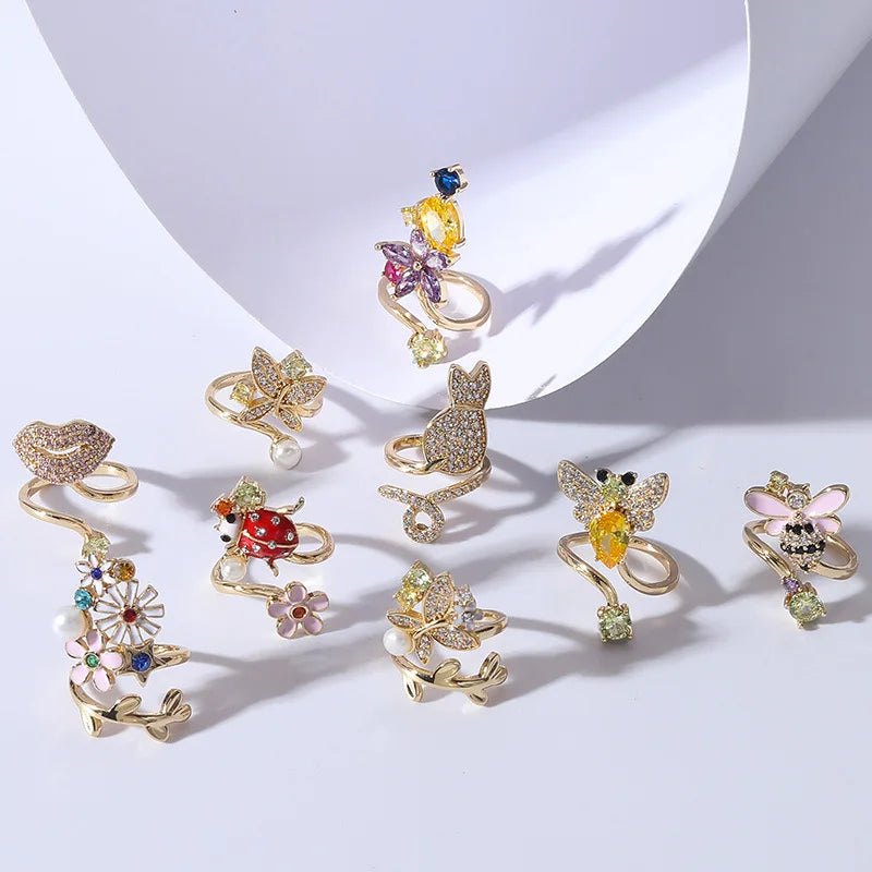 Jachon Knuckle Nail Ring Decoration Tip Nail Art Charm Flower Finger Nail Rings Brass Zircon Ring