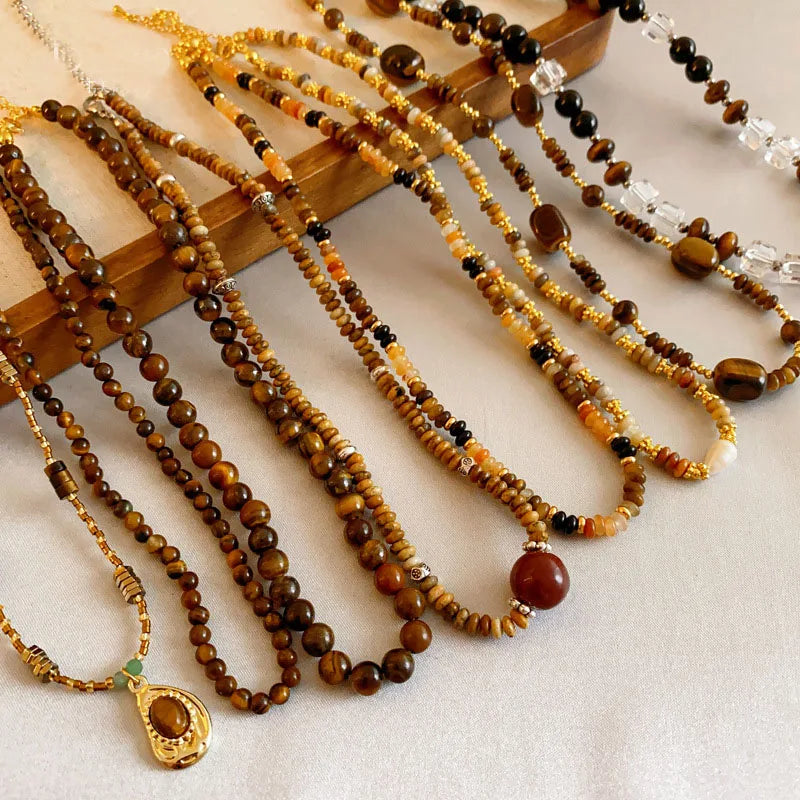 Fashion Designer Retro Custom Crystal Tiger Eye Beads Necklace Jewelry Choker Necklace
