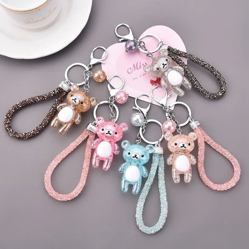 Cartoon Bear Key Ring Flash Drill Leather Rope Keychain for Women Men Car Bag Key Pendant Creative Birthday Gift Key Chains