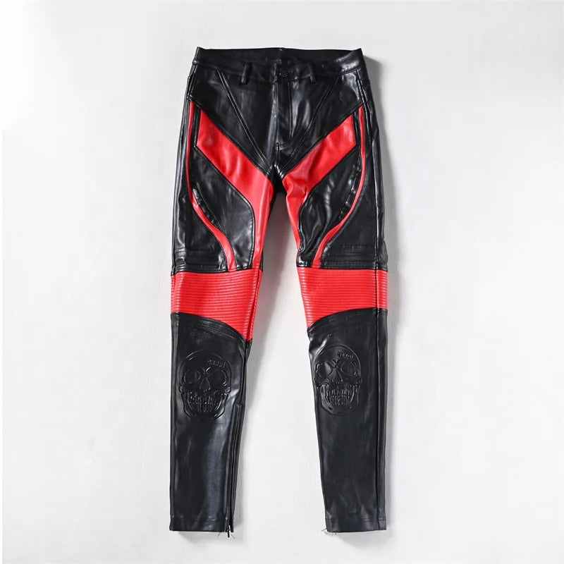 Pu Faux Leather Cargo Pants Skull Embossed Custom Color Y2K Streetwear Leather Pants for Men
