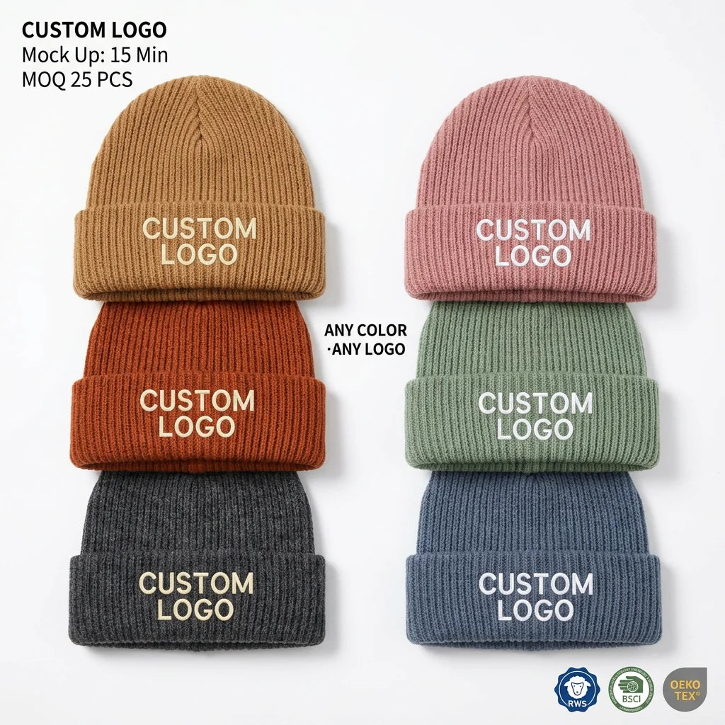 Wholesale Custom Embroidery Logo Merino Wool Ribbed Cuffed Soft Crochet Warm Cap Outdoor Winter Knitted Beanie Hat for Men Women
