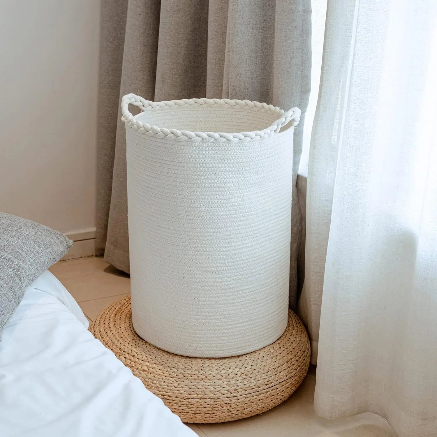 72L Woven Laundry Hamper Cotton Rope Tall Laundry Basket for Blankets Clothes Pillows Toys Shoes Large Laundry Bin White