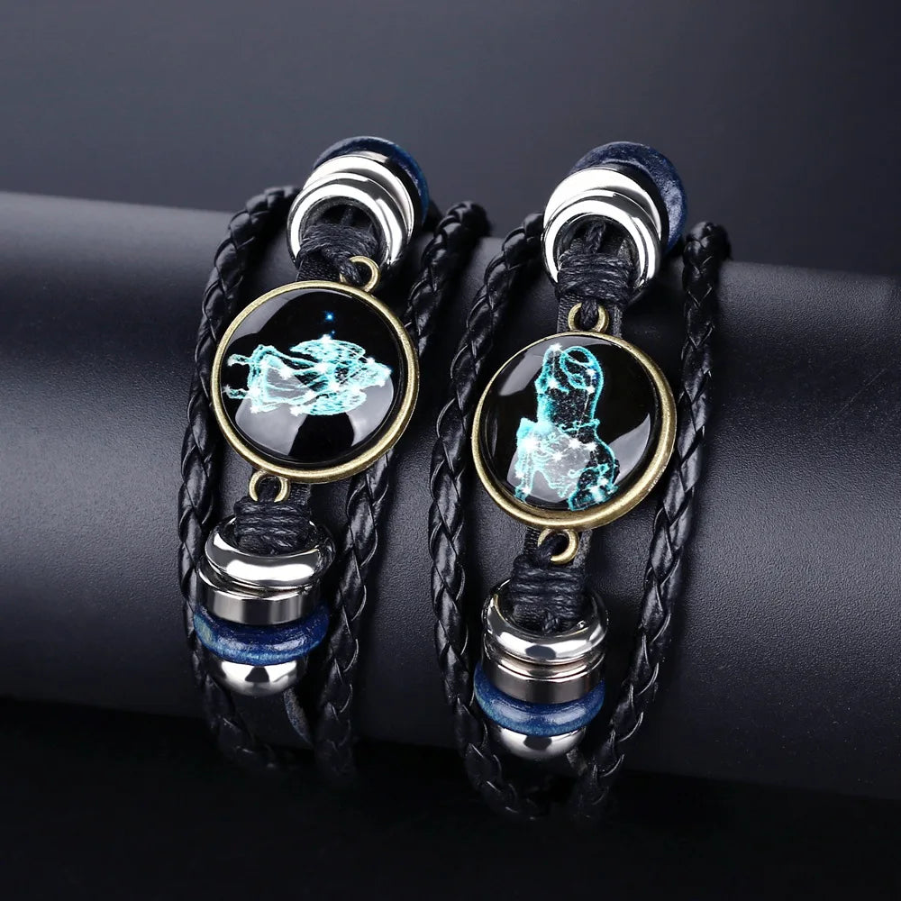 New Fashion Zodiac Stars Stainless Steel Bracelet Jewelry Leather Handwoven Bracelets Custom Couple Bracelets