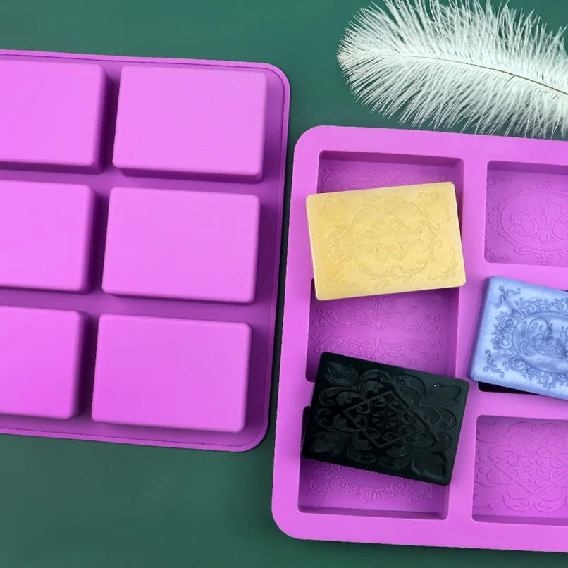 6-Cavity Rectangle Silicone Eco-Friendly Odorless DIY Handmade Soap Molds Relief Pattern Cake Tools