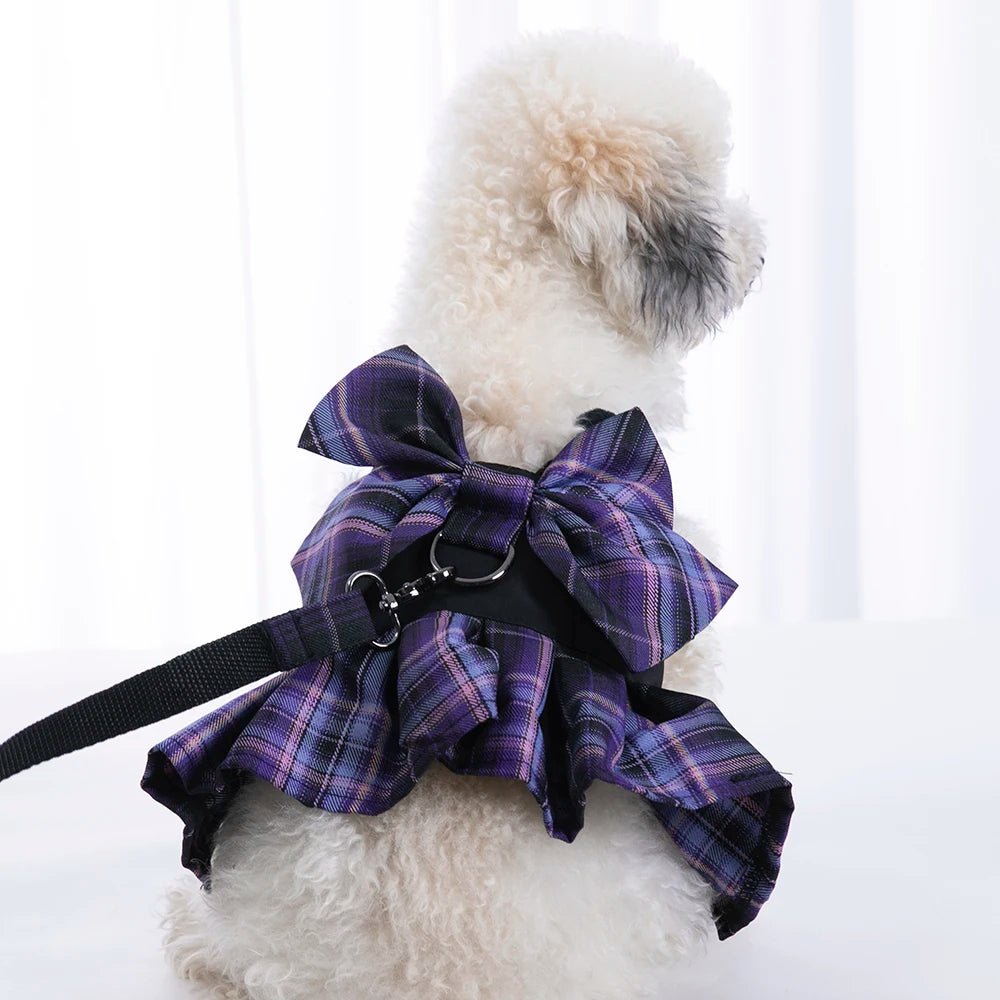 Adorable Delicate Vest Pet Dress With a Leash Purple Grid Pattern Designer Dogs & Cats Clothing