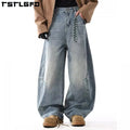 Custom Casual Baggy Streetwear 100% Cotton Denim Light Blue Wide Leg Trousers Design Pants Washed Wholesale Oversized Jeans Men
