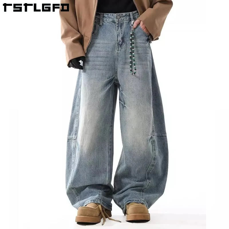 Custom Casual Baggy Streetwear 100% Cotton Denim Light Blue Wide Leg Trousers Design Pants Washed Wholesale Oversized Jeans Men