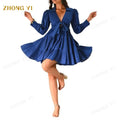 Wholesale Summer New Beautiful Sweet Women Draped Long Sleeves V-Neck 100% Cotton Blue Front Tie Straps Casual Short Dress