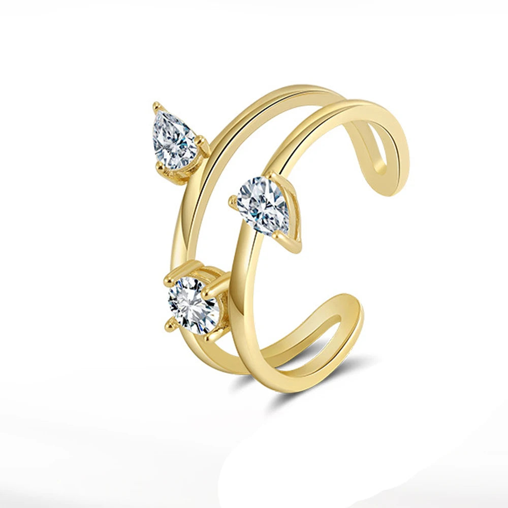 Double-layer Pear Shaped 5A Cubic Zirconia Adjustable Rings Fine 925 Sterling Silver  Ring Gold Plated Jewelry
