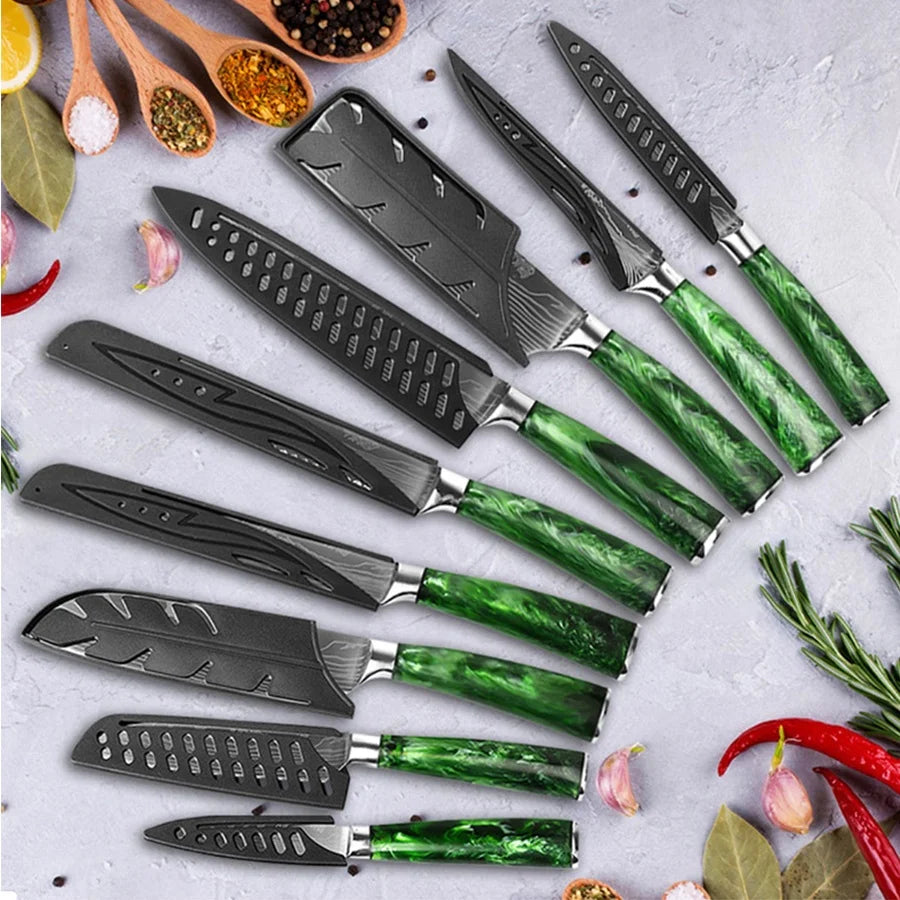 Wholesale 9 PCS Luxury Chef Knife Set Stainless Steel Blades with Green Resin Handle 4cr13 Metal Material
