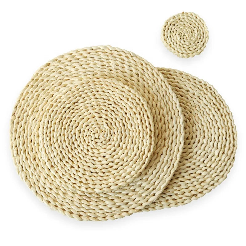 Handmade Round Dining Table Mat Natural Grass Corn Husk Weave Eco-Friendly Placemat Coaster Mat Insulation Pad
