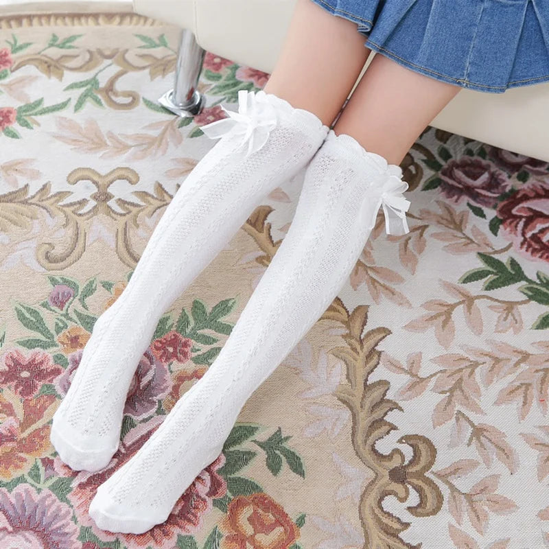 Wholesale White School Socks With Bow Kids Children Cotton Long Knee High Socks for Girls