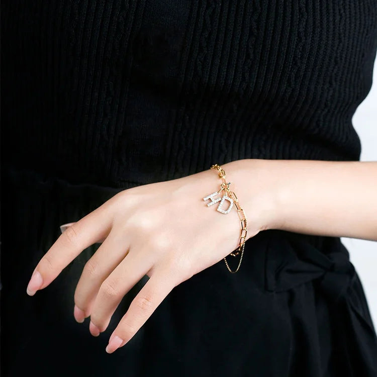 26 English Letters Charm Pave Lab Diamond 18k Solid Gold A-Z Pendant Bracelet  DIY Jewelry