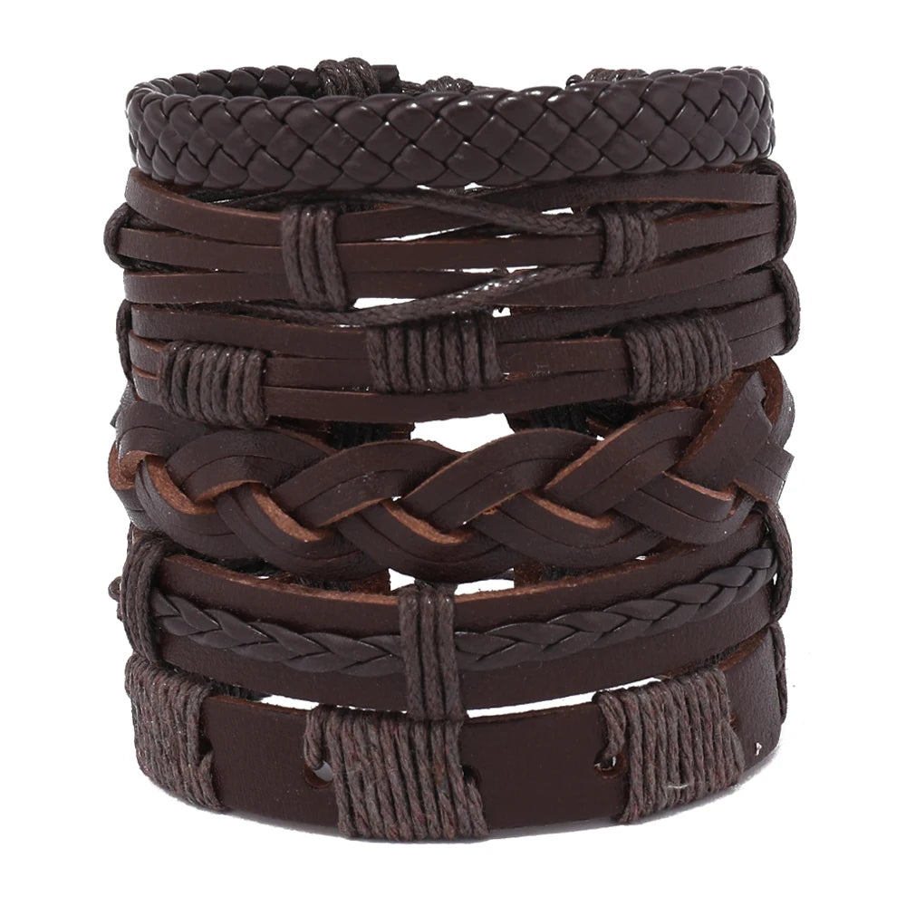 Wholesale 6pcs Vintage Leather Wrap Bracelets Handmade Adjustable Length Engraved Logo Geometric Design for Women Men
