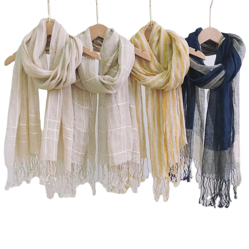 Natural Linen Plaid Long Classic Vintage Fringed Soft Thin Type Women Autumn Spring Summer Travel Wrap Fashion Tassel Scarf