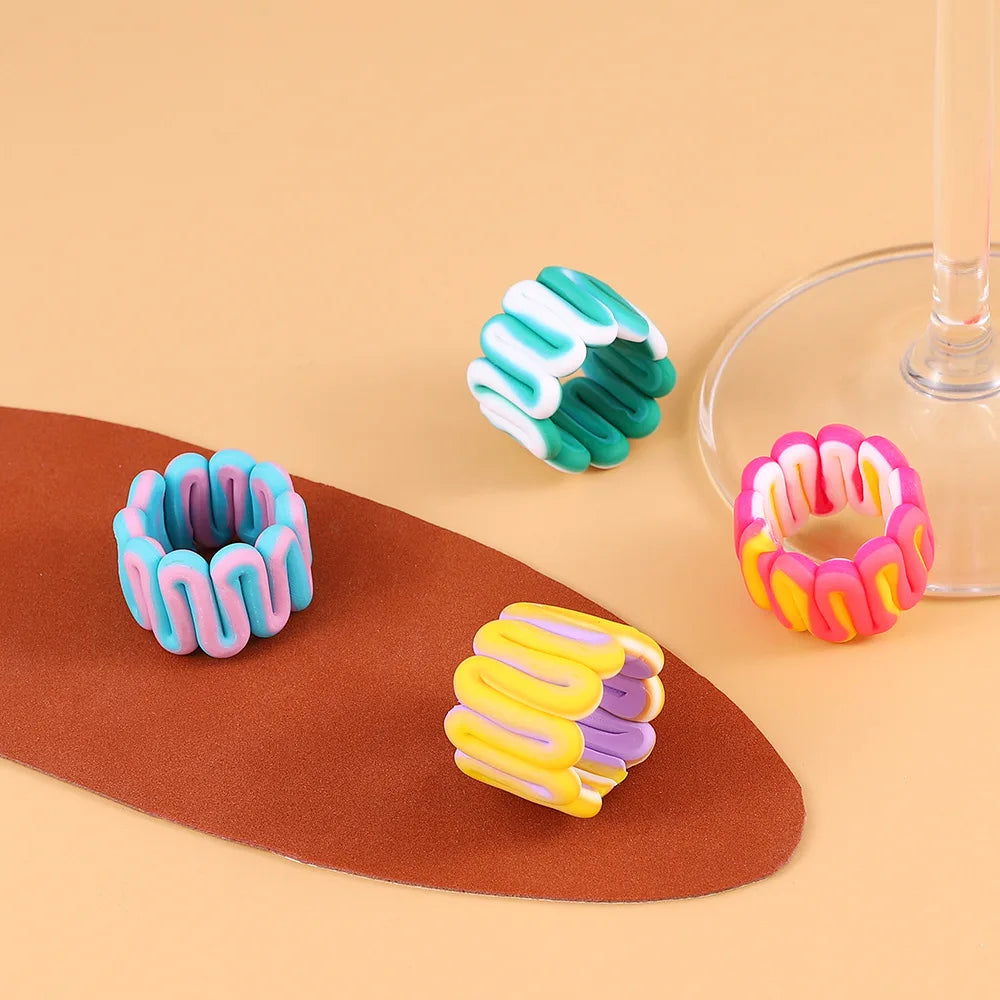 INS New Resin Rings Jewelry Women Handmade Colorful Stripe Ceramic Clay Acrylic Ring Geometric Y2K Irregular Girls Jewelry