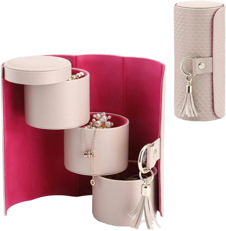 Hot Sale PU Jewelry Storage Box Travel Stackable Roll Bag Foldable Cylinder 3 Layer Luxury Jewellery Organizer case