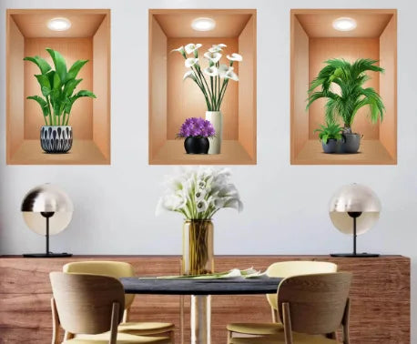 Wholesale 3pcs/set 3D PVC Self-Adhesive Wall Sticker UV Printed Green Plant & Flower Decor Window Sticker Decorative Wall Art