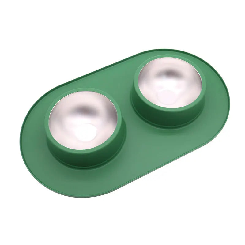 OEM ODM No Spill Non-Skid Stainless Steel Double Cat Pet Dog Food and Water Feeder 2 Bowl with Silicone Lick Pad Mat