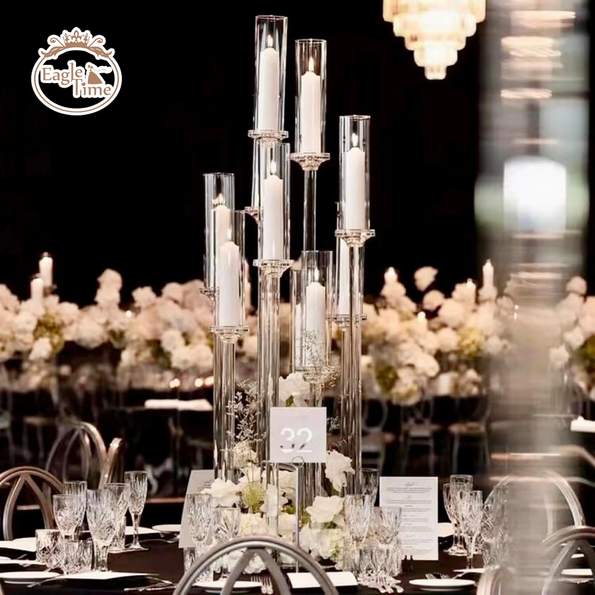 7 Arm Crystal Glass Transparent Candelabra Wedding Decoration Centerpieces Candlestick for Event