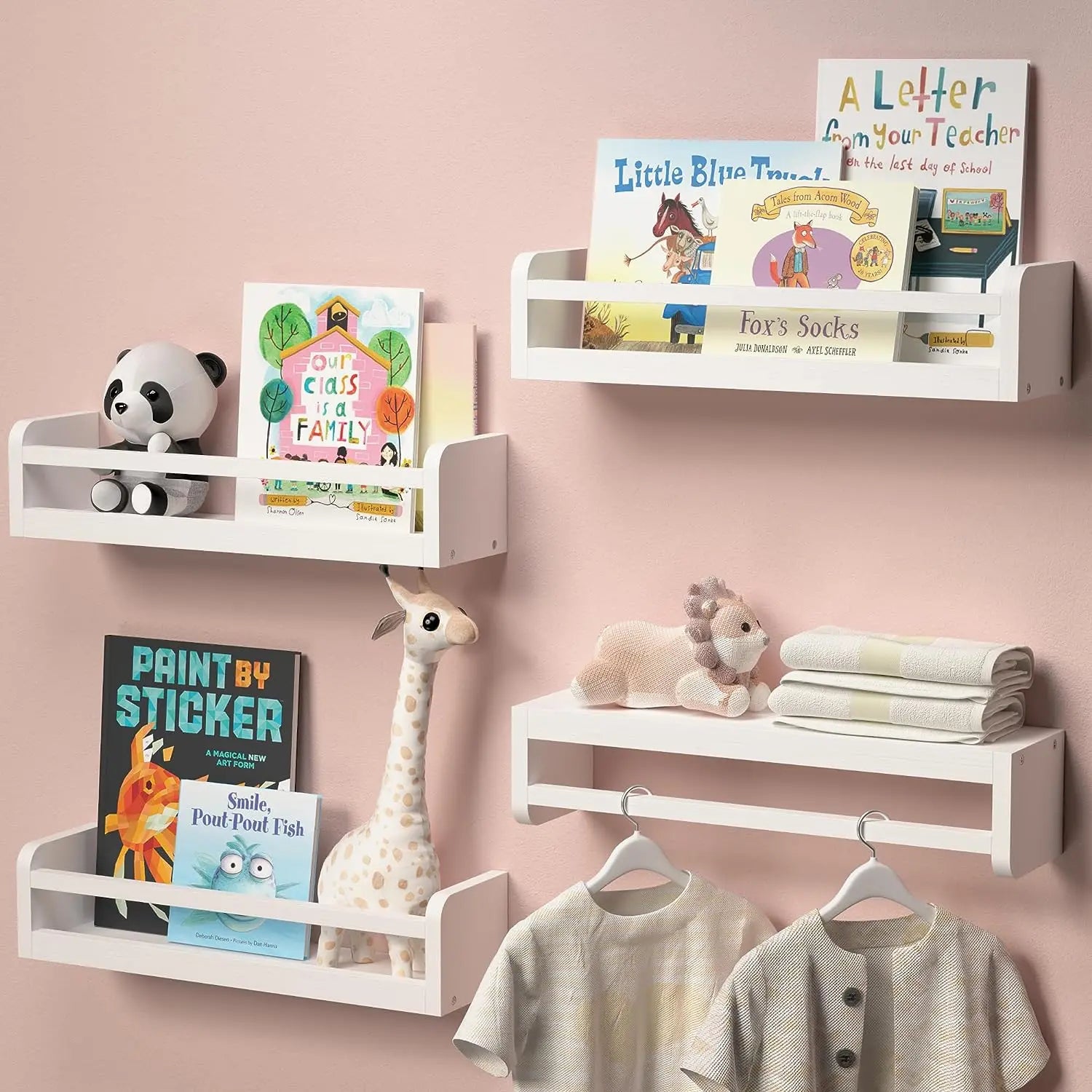 Dual-Guard Nursery Book Shelves Set of 4 Wood Floating Shelves for Nursery Room Wall Decor Floating Shelf